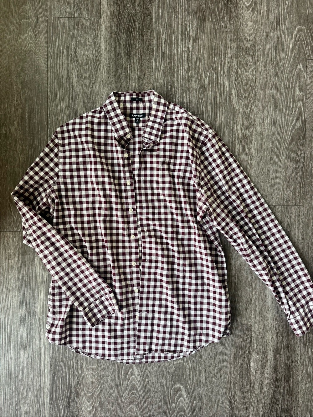 Express Maroon White Checkered Shirt | Slim Fit Button-Down Size L